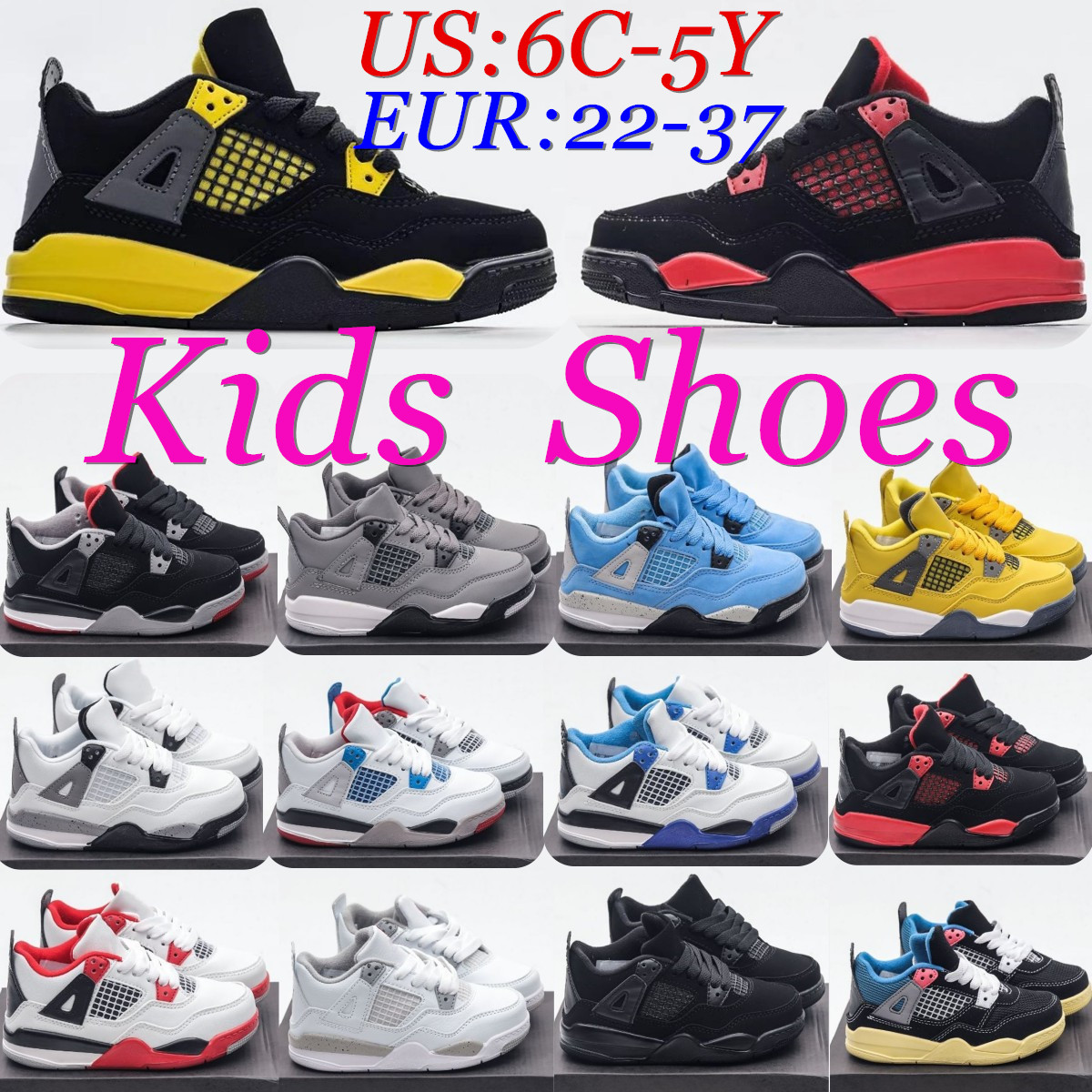 4s Kids Shoes 4 Basketball Shoe Black cat Toddler Sneakers TD cool grey University Blue bred Boys Girls BasketBall Pour Enfants Athletic Outdoor with box