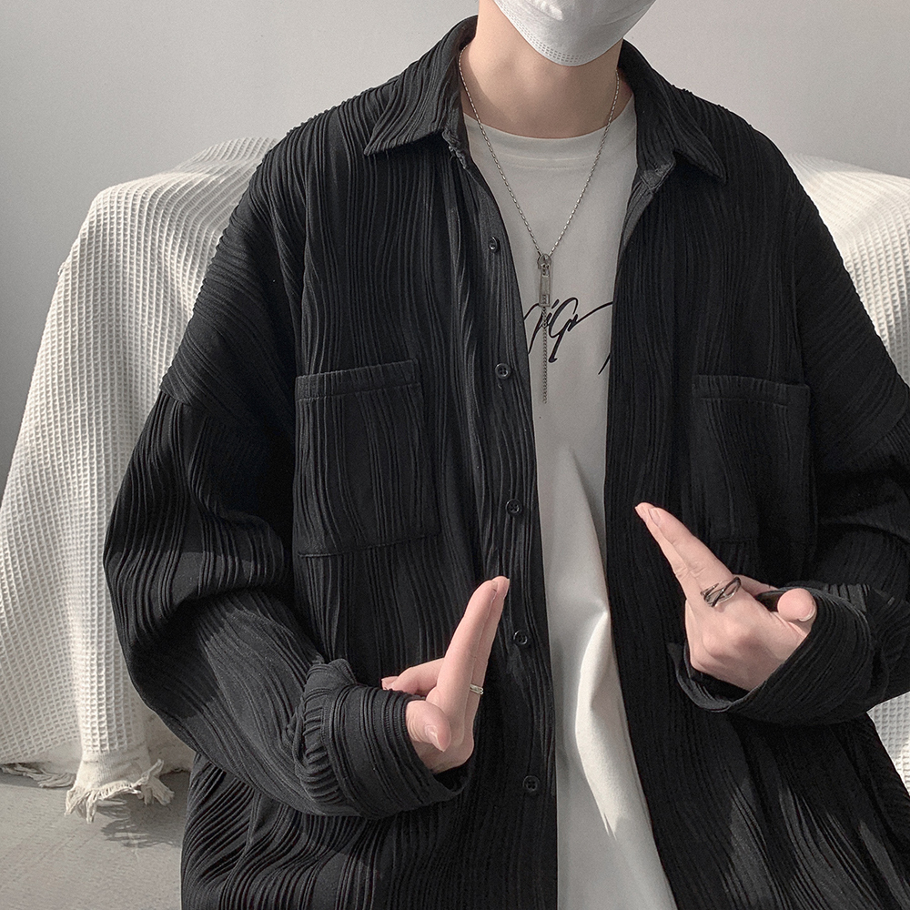 Men s T Shirts Spring Black White Pleated Shiert Fashion Oversized Casual Korean Loose Pocket Long Sleeve s s Dress 230411