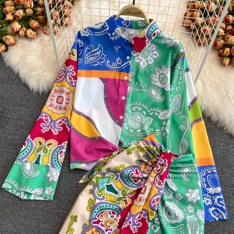 Two Piece Dress Summer Two Piece Casual Womens Long Sleeve Loose Vintage Flower Top Two Piece Mid length Waistpack Hip Skirt Elegant Set 230410