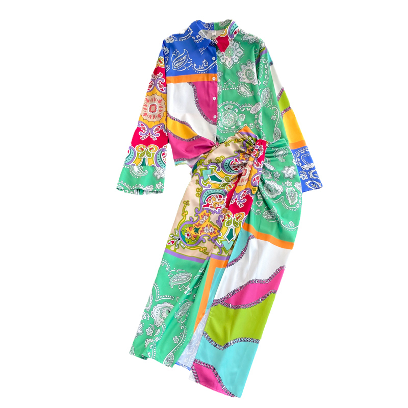 Two Piece Dress Summer Two Piece Casual Womens Long Sleeve Loose Vintage Flower Top Two Piece Mid length Waistpack Hip Skirt Elegant Set 230410