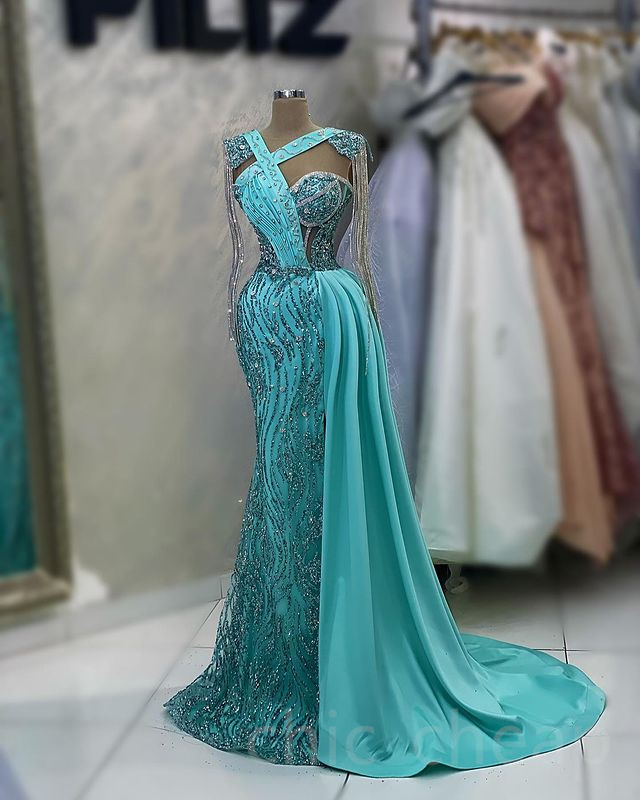 Aso 2023 April Ebi Beaded Crystals Prom Dress Mermaid Sequined Lace Evening Formal Party Second Reception Birthday Engagement Gowns Dresses Robe De So