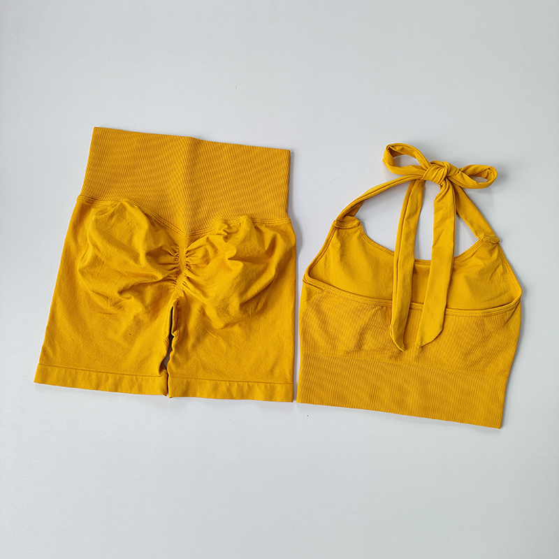 Yoga Outfit Peach Hip Lifting Suit Neck Hanging Sports Bra Shockproof Gathering Quick Drying Short Set Gym Fitness Running 230411