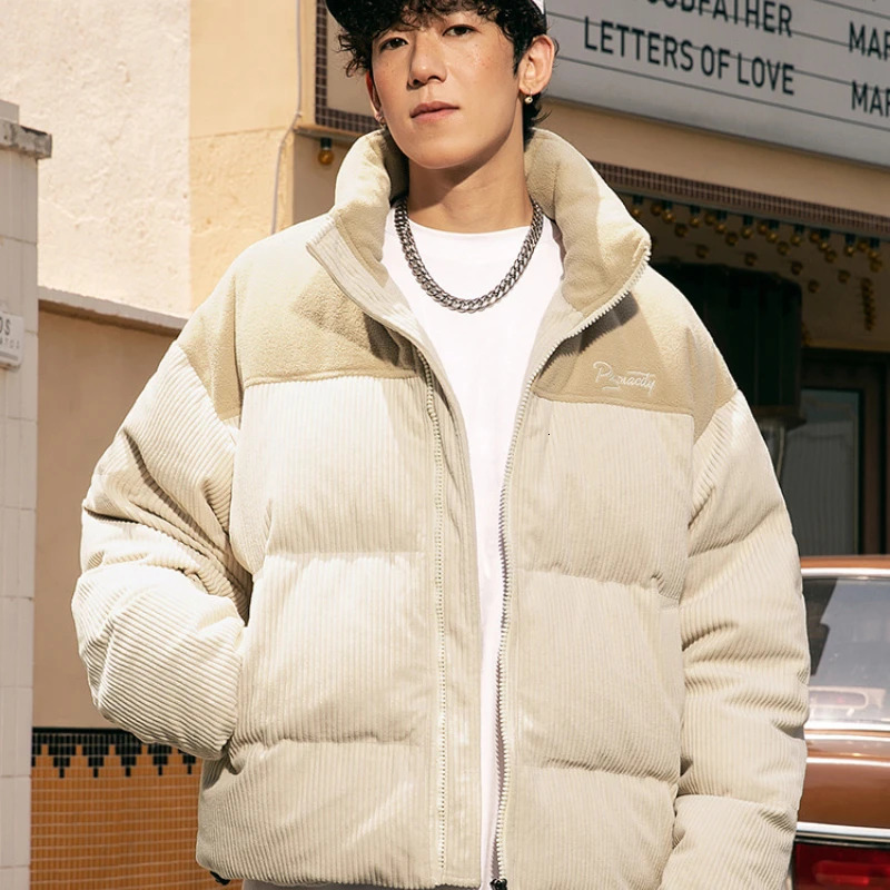 Men's Down Parkas Winter Warm Cotton Jacket Men's Thickened Corduroy Bread Suit Contrast Color Stitching American Vintage Cotton Coat Jacket
