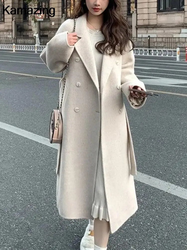 Women's Wool Blends Autumn Winter Loose Woolen Coat for Women Casual Solid Outerwear with Belted Korean Fashion Chic Female Overcoat Clothes 2311