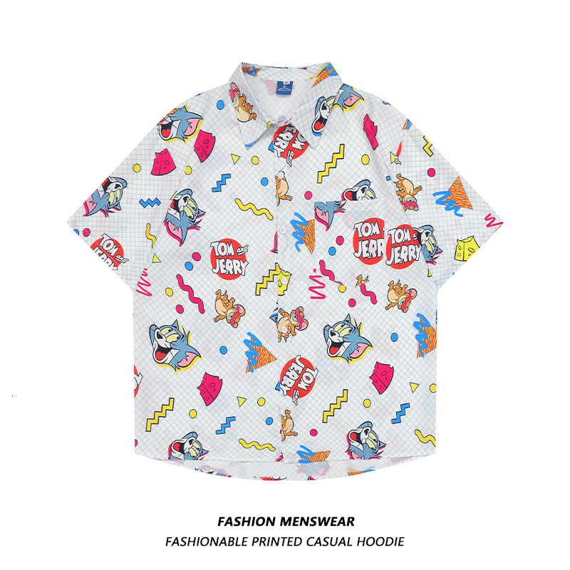 Men's Casual Shirts Oversized Short Casual Shirts Mens American Cartoon Plaid Print Summer Boys Girls Versatile Loose Hawaiian 230410