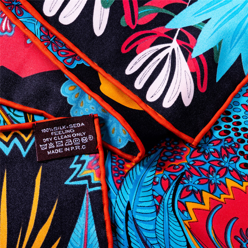 Sarongs POBING Manual Hand Rolled Twill Silk Scarf Women Forest Zebra Square Scarves Echarpes Foulard Femme Wrap Lady Bandana Hijab 90CM 230411