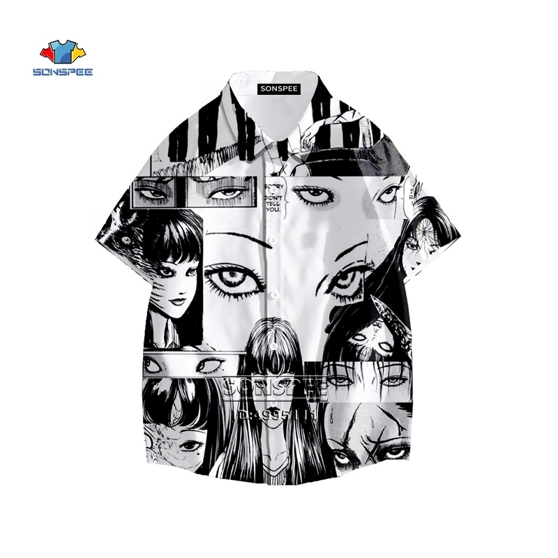 Men's Casual Shirts Junji Ito Men's Shirt Horror Manga Many Faces 3D Print Hawaiian Shirt Summer Casual Beach Shirts Short Sleeve Hip Hop Cl
