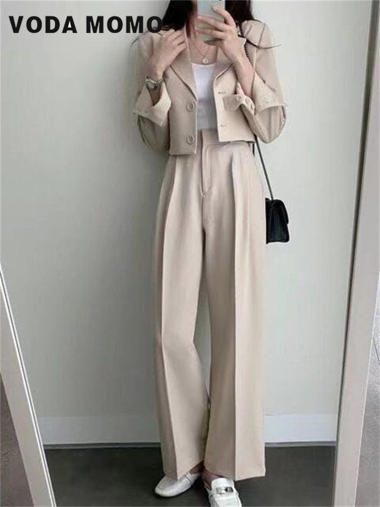 Women's Tracksuits Spring Korean Casual Elegant Suits Blazer Jacket Wide Leg Trousers High Waist Pants Female 2 Piece Sets Crop Top Coats 230411