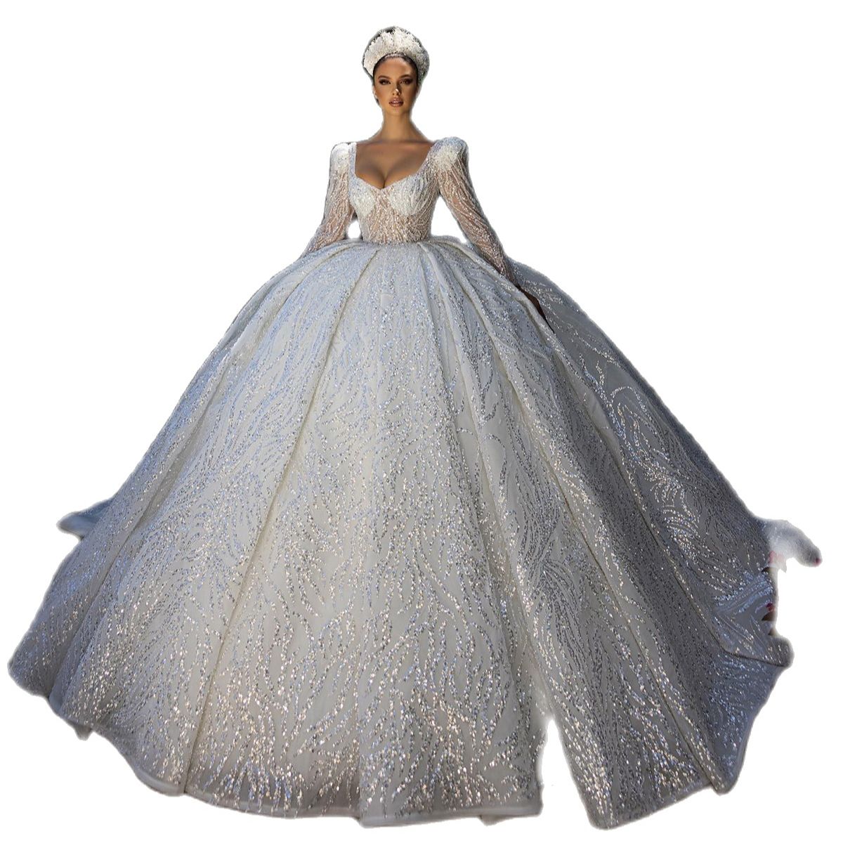 Gorgeous Illusion Lace Wedding Dresses Ball Gown Sexy Sequined Bridal Dress Full Sleeve Custom Made Gowns