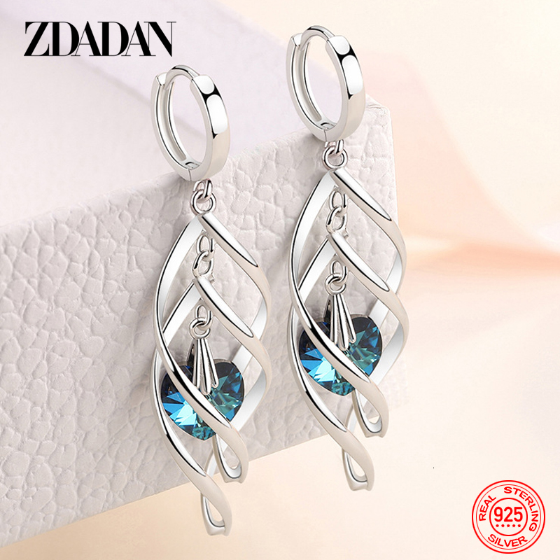Dangle Chandelier ZDADAN 925 Silver Hollow Blue Crystal Long Drop Earrings For Women Fashion Wedding Jewelry Gift 230410