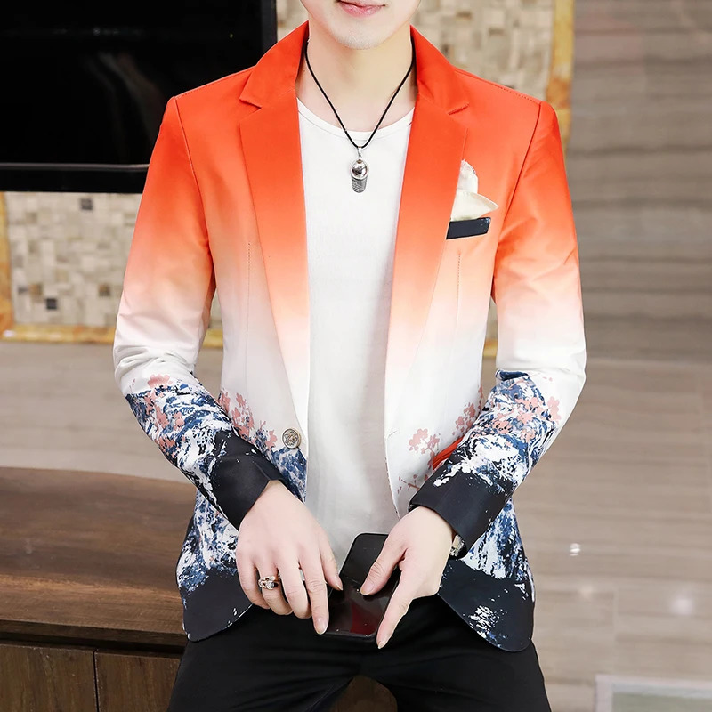 Men's Suits Blazers Men Floral Blazers Fashion Korean Gradient Inspired Prints Fancy Floral Suit Jacket Casual Slim Fit Blazer Coat Men Clothing 
