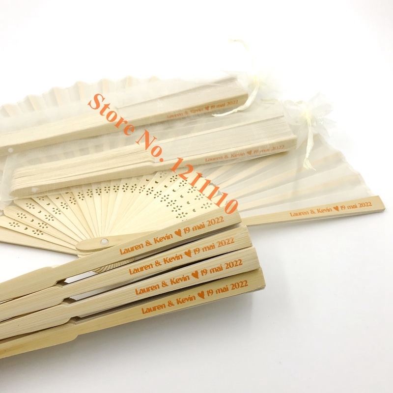 Party Favor 24/30PCS Personalized Wedding Fan in Yarn Bag Custom Printing Hand Folding Bamboo with Organza Decoration Gift 230410