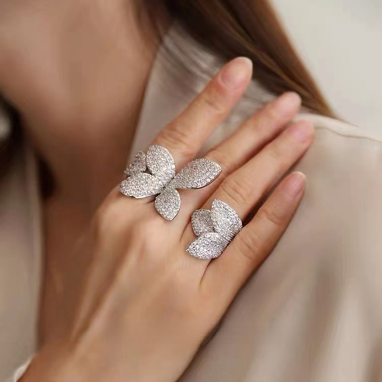 Band Rings Big Silver Color Flower Leaf Adjustable Ring with Bling Zircon Stone for Women Wedding Engeagement Fashion Jewelry Trend 230410