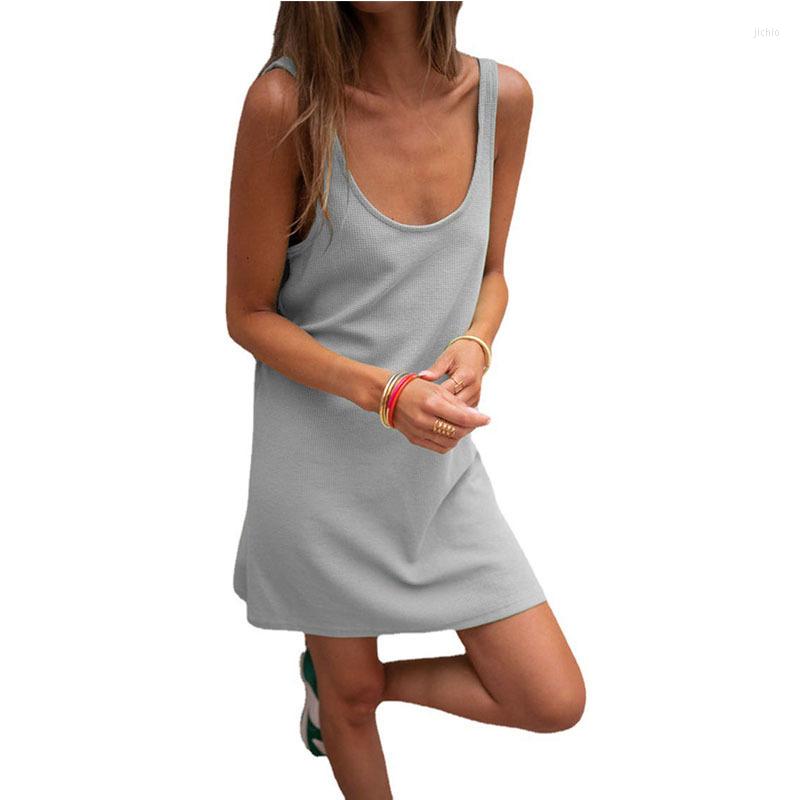 Casual Dresses Makaron Color Waffle Straps Tank Mini Dress Female U Neck Loose Off-shoulder Backless Solid Sexy Street Home