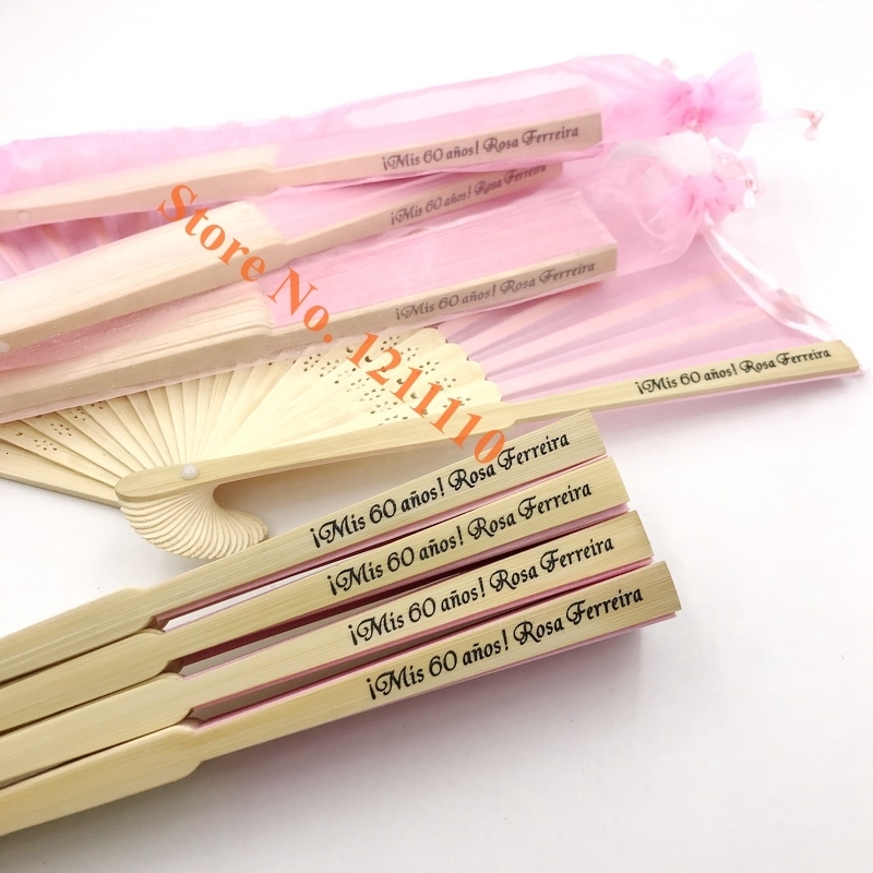 Party Favor 24/30PCS Personalized Wedding Fan in Yarn Bag Custom Printing Hand Folding Bamboo with Organza Decoration Gift 230410