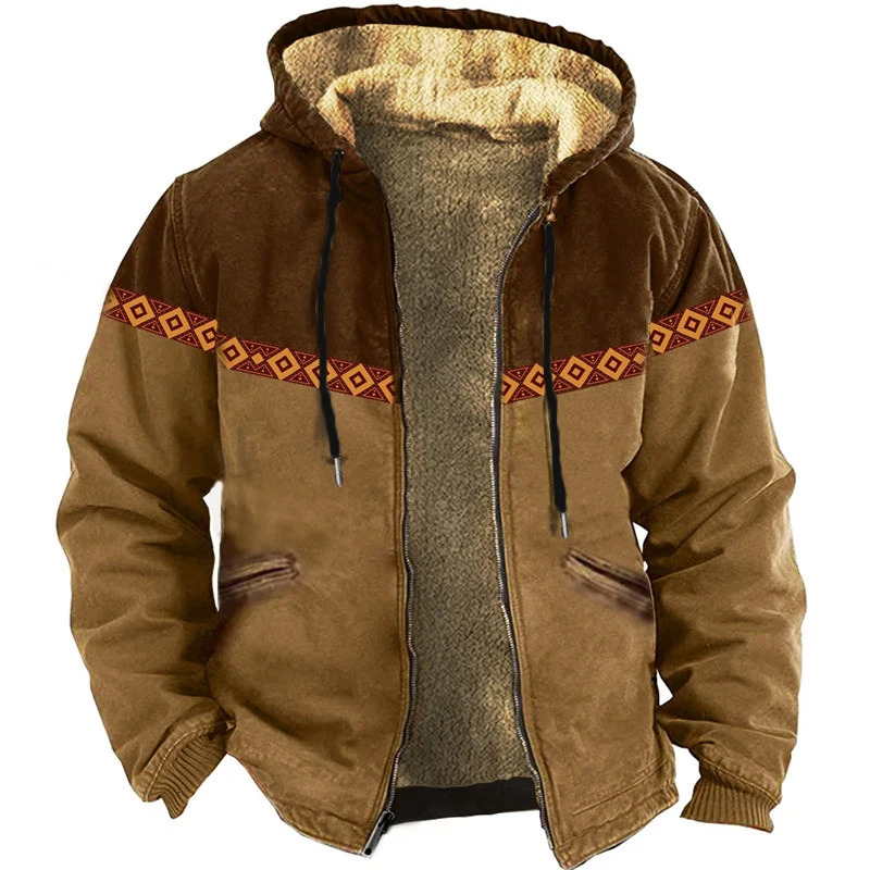 Men's Jackets Vintage Graphic Printing Patchwork Fleece Jacket For Men Autumn Winter Casual Zipper Hooded Wool Lining Coats For Mens Outerwear 23