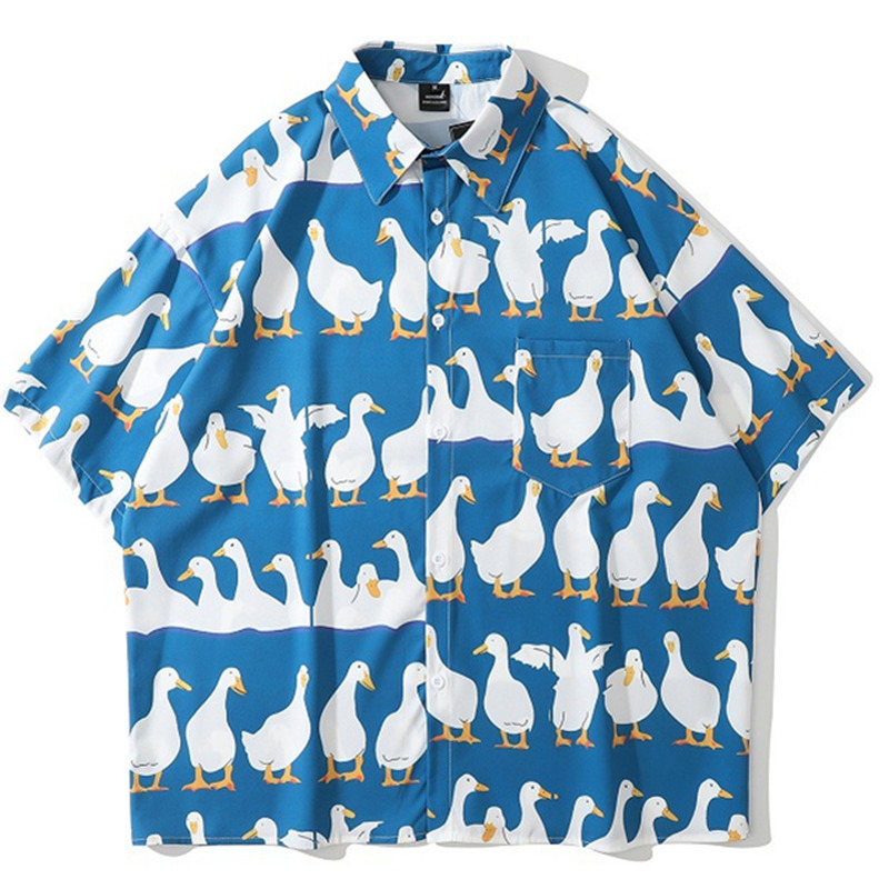 Men's Casual Shirts Mens Harajuku Hawaiian Shirt Little White Goose Full Print Short Sleeve Shirts Hip Hop Casual Streetwear Summer Blouse Tops 2