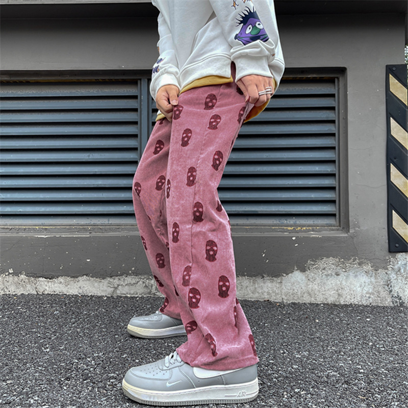 Men's Pants Preppy Style Skull Full Print Drawstring Casual Corduroy Men Baggy Hip Hop Straight Sweatpants Male Loose Trousers 230411