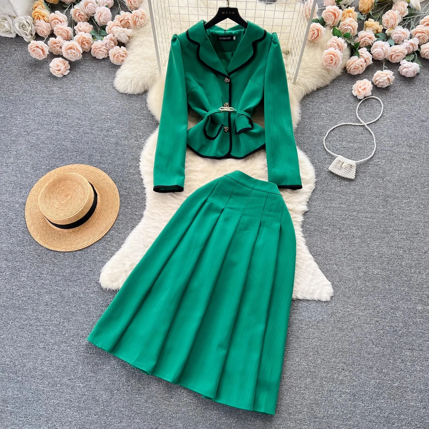 Two Piece Dress Vestidos Autumn Office Women's Blazer Suits New High Quality Green Notched Collar Single Breasted Belt Coat Pleated Midi Skirt Su