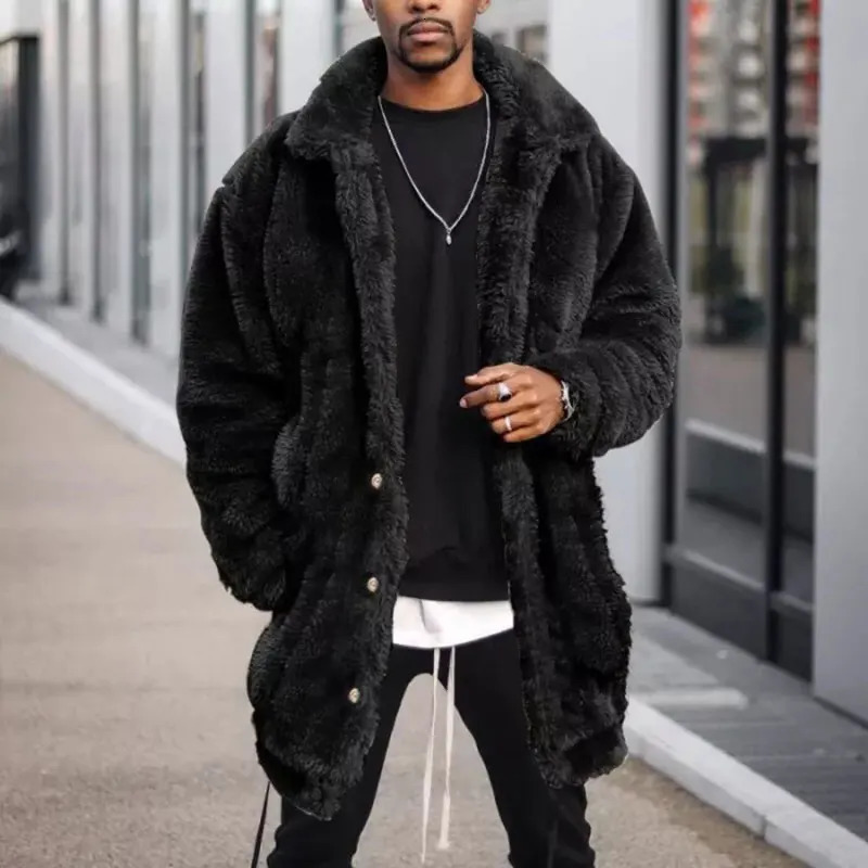 Men's Fur Faux Fur Men's Plush Long Coat Mid-length Black Casual High Street Loose Warm Lapel Long Sleeve Jacket Premium Winter Clothing 231