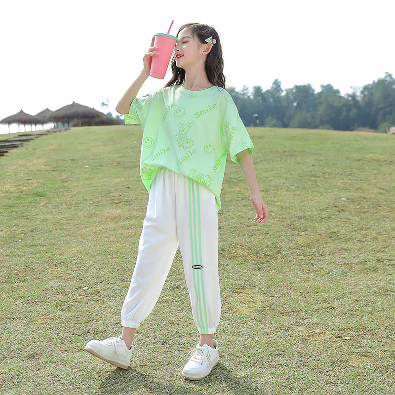 Clothing Sets Summer Casual Kids Top Tees Girls T Shirt Striped Pants Set Cartoon Printed Children 2 Pieces For 5 16 Years 230411