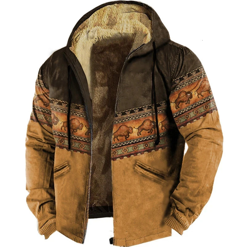 Men's Jackets Vintage Graphic Printing Patchwork Fleece Jacket For Men Autumn Winter Casual Zipper Hooded Wool Lining Coats For Mens Outerwear 23