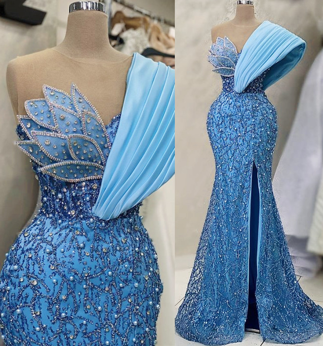 2023 April Aso Ebi Beaded Crystals Prom Dress Mermaid Sequined Lace Evening Formal Party Second Reception Birthday Engagement Gowns Dresses Robe De So
