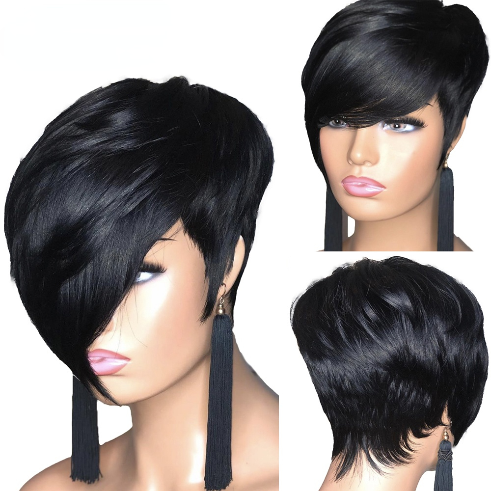 Free shipping Short Pixie Cut Peruvian Virgin Human Hair Natural Bob Wig With bangs Glueless Wholesale For Black Women