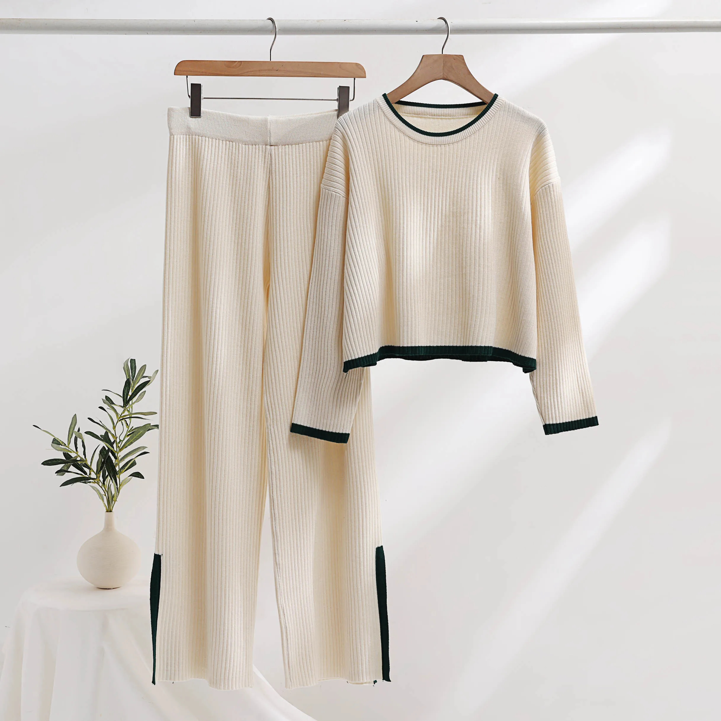 Two Piece Dress Vestidos New Autumn Winter Sweater Pants Suit Casual Women O Neck Knitted Short Pullover High Waist Split Wide Leg Trouser Set 2024
