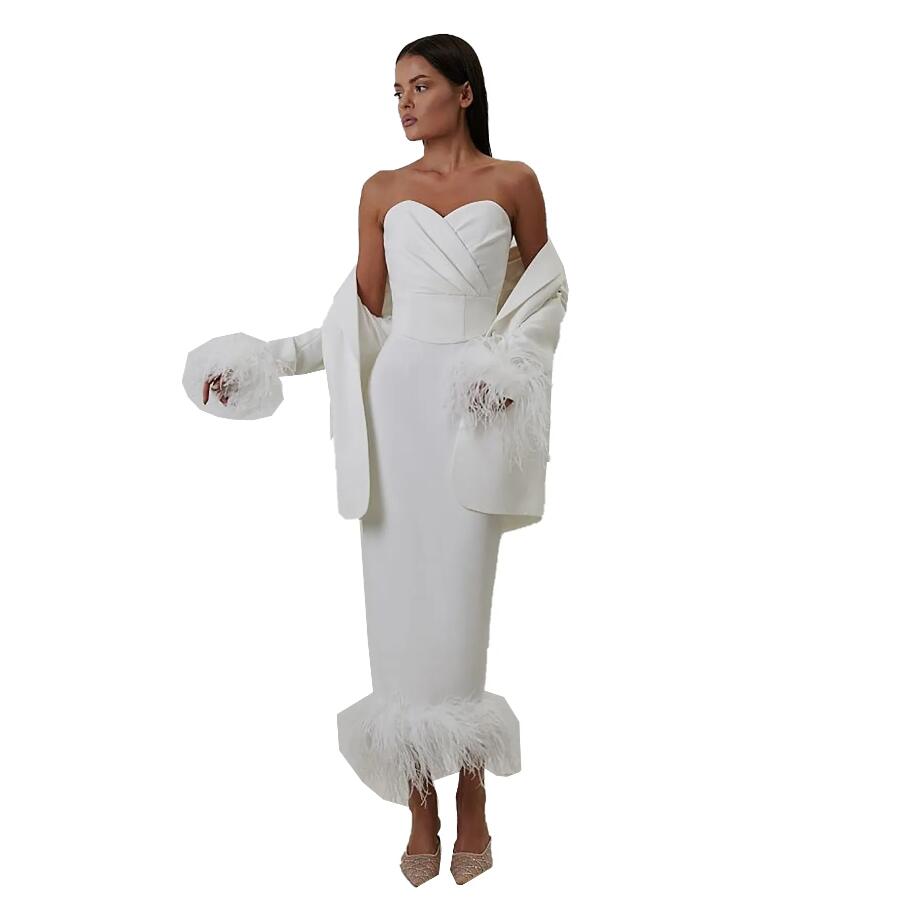 Little White Dress slim Fit Prom Dresses with Long Sleeve Jacket Ostrich Feather Stain Evening Straight Skirt gown