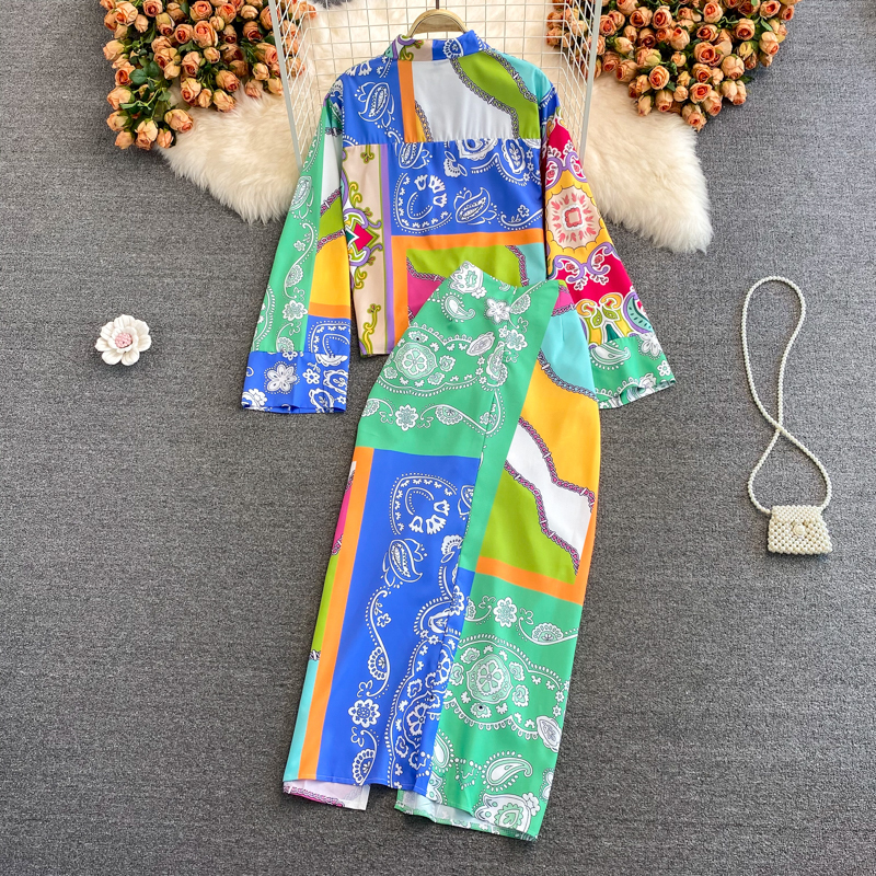 Two Piece Dress Summer Two Piece Casual Womens Long Sleeve Loose Vintage Flower Top Two Piece Mid length Waistpack Hip Skirt Elegant Set 230410