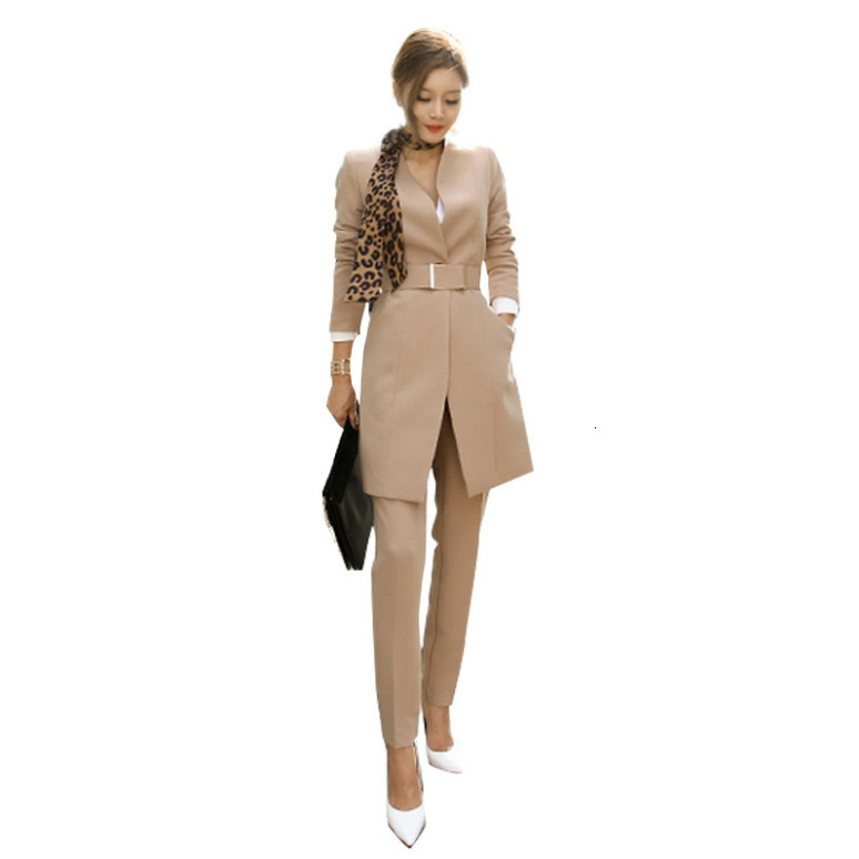 Women's Two Piece Pants Business 2 Pieces Outfits Fashion Formal Long Sleeve V Neck Blazers Coat Pencil Work Full Length Sashes Pant Suit 230411
