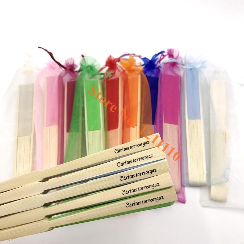 Party Favor 24/30PCS Personalized Wedding Fan in Yarn Bag Custom Printing Hand Folding Bamboo with Organza Decoration Gift 230410