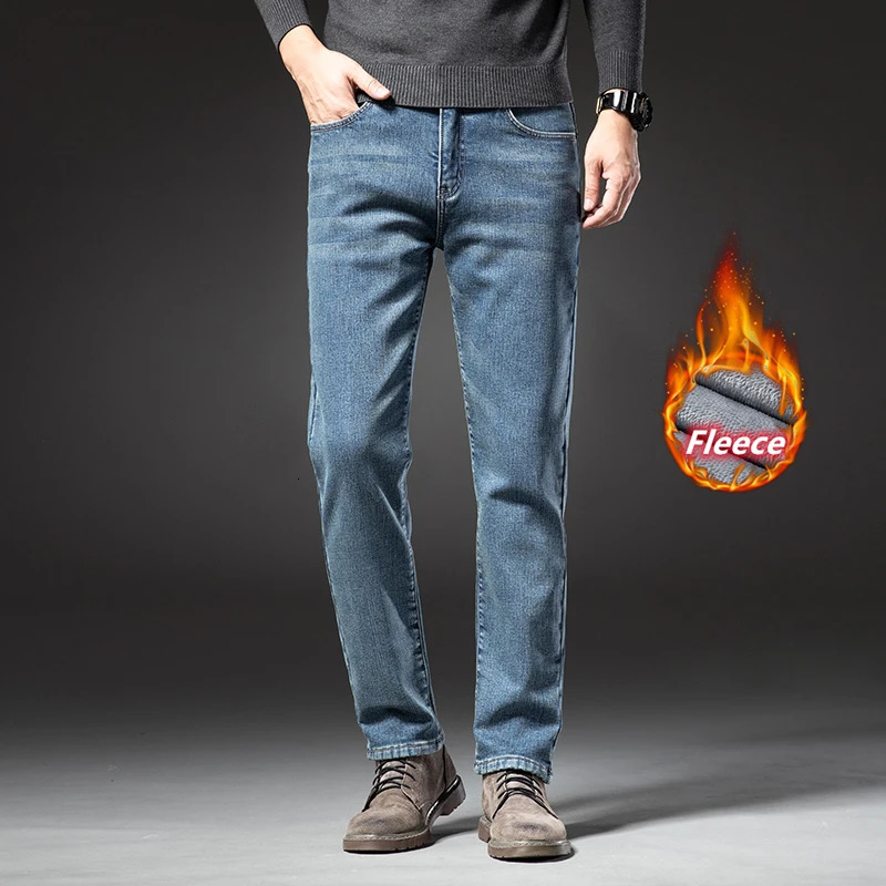 Mens Jeans Original Classic Vintage Trend Winter Fleece Thick Warm Cotton Stretch Fit Straight Quality Cloth Leisure Trousers 231110