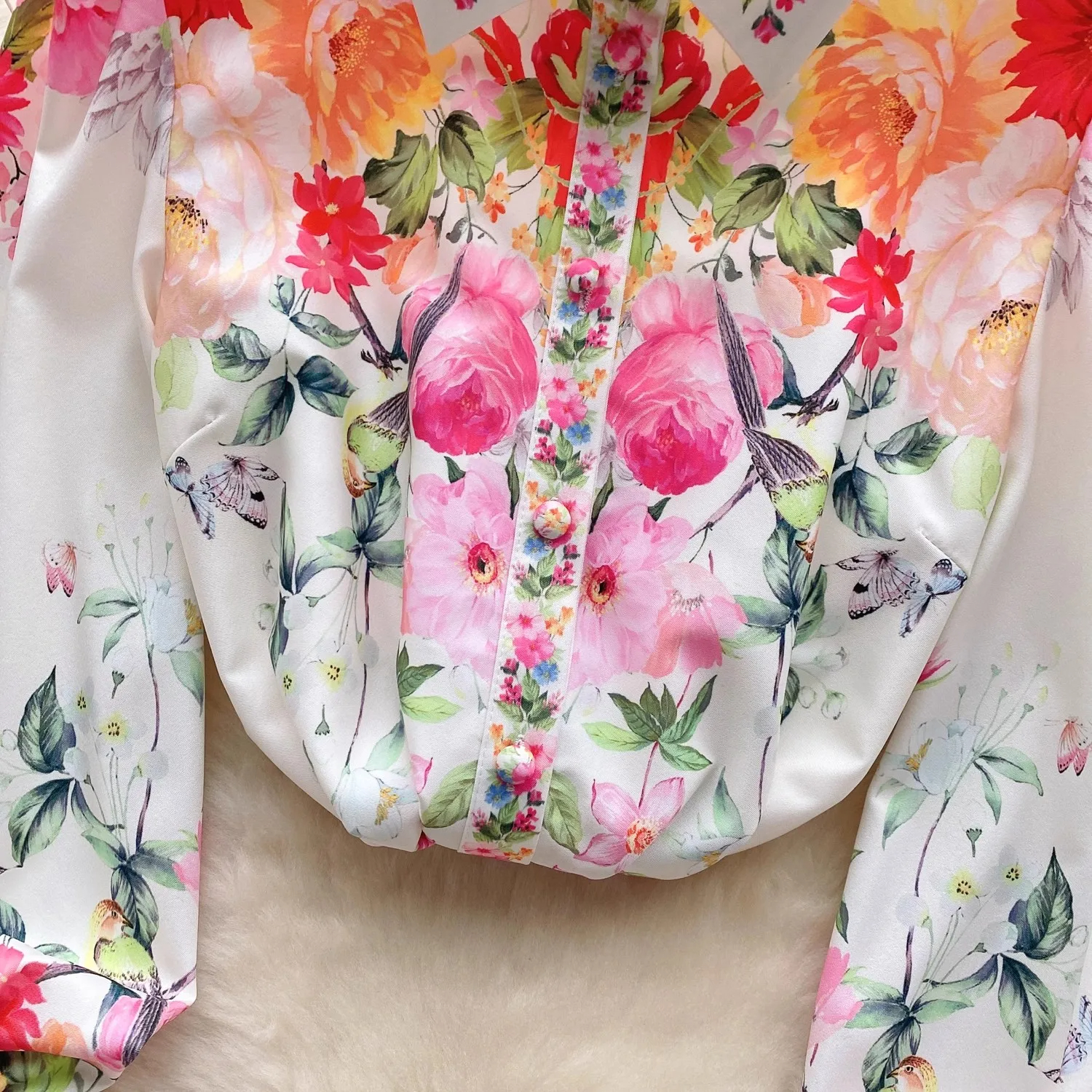 Womens Blouses Shirts 2024 New Autumn Holiday Flower Shirt Tops Runway Vintage Women Lapel Collar Single Breasted Print Floral Lantern Sleeve Blo