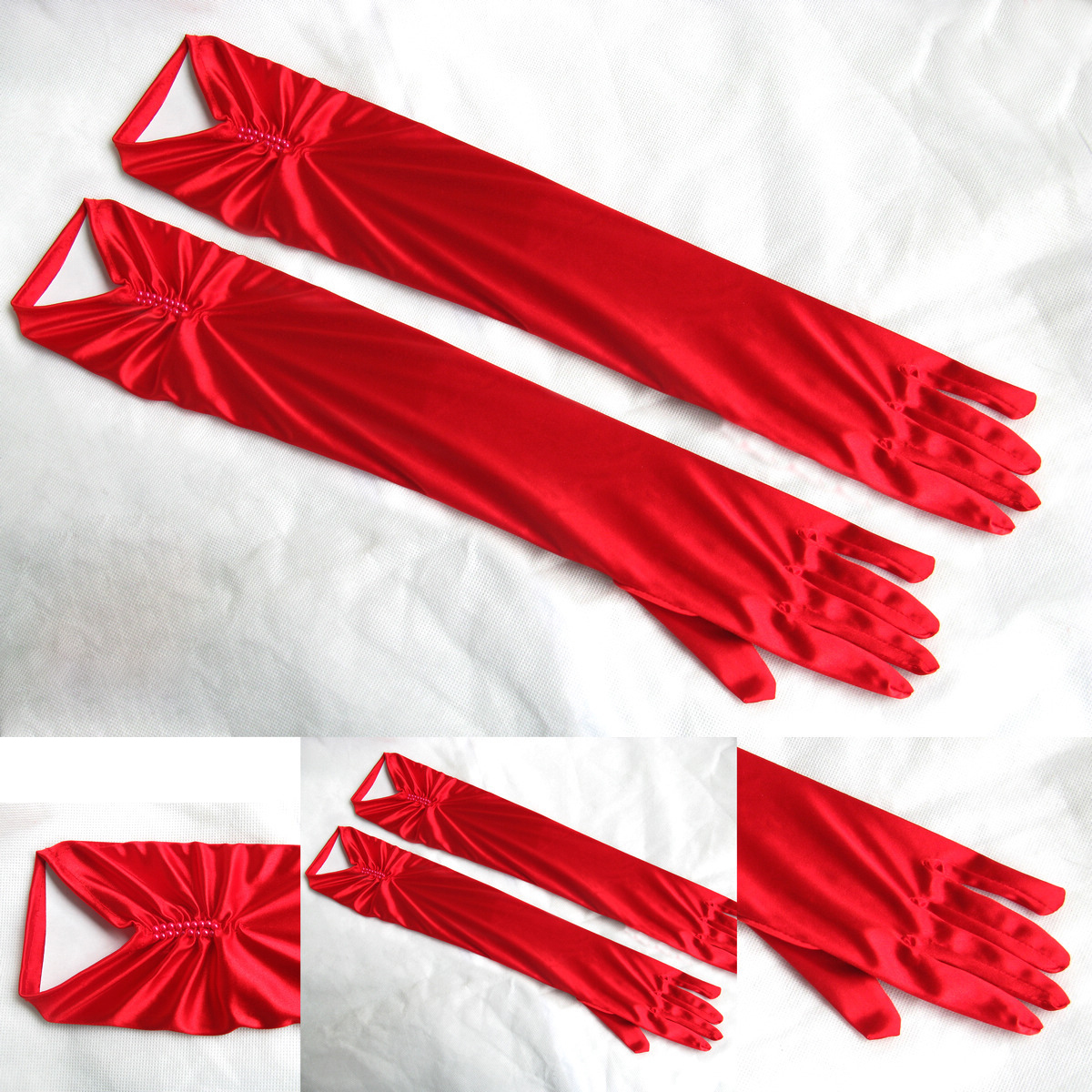 1 Pair Bride Bridal Wedding Gloves Red Black White Ivory Long Beaded Satin Elegant for Women Finger gants mariage luvas de noiva