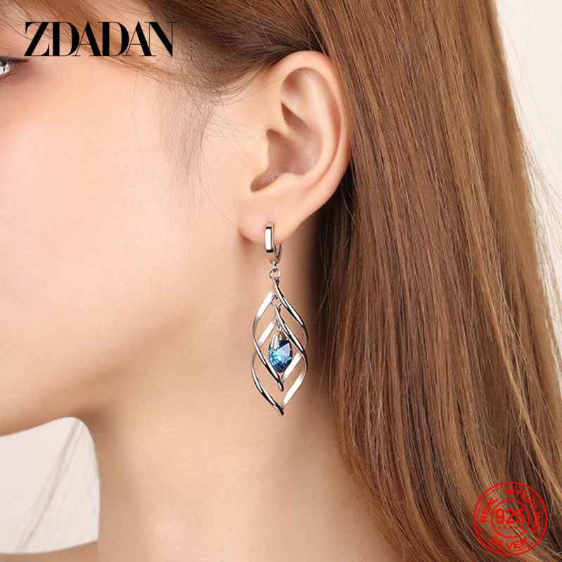Dangle Chandelier ZDADAN 925 Silver Hollow Blue Crystal Long Drop Earrings For Women Fashion Wedding Jewelry Gift 230410