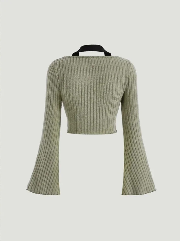 Womens TShirt Women Contrast Collar Bell Sleeve Crop Tee Halter Western Ribbed Knit Slim Long Shirts Tops Elastic Basic Stretch 231110