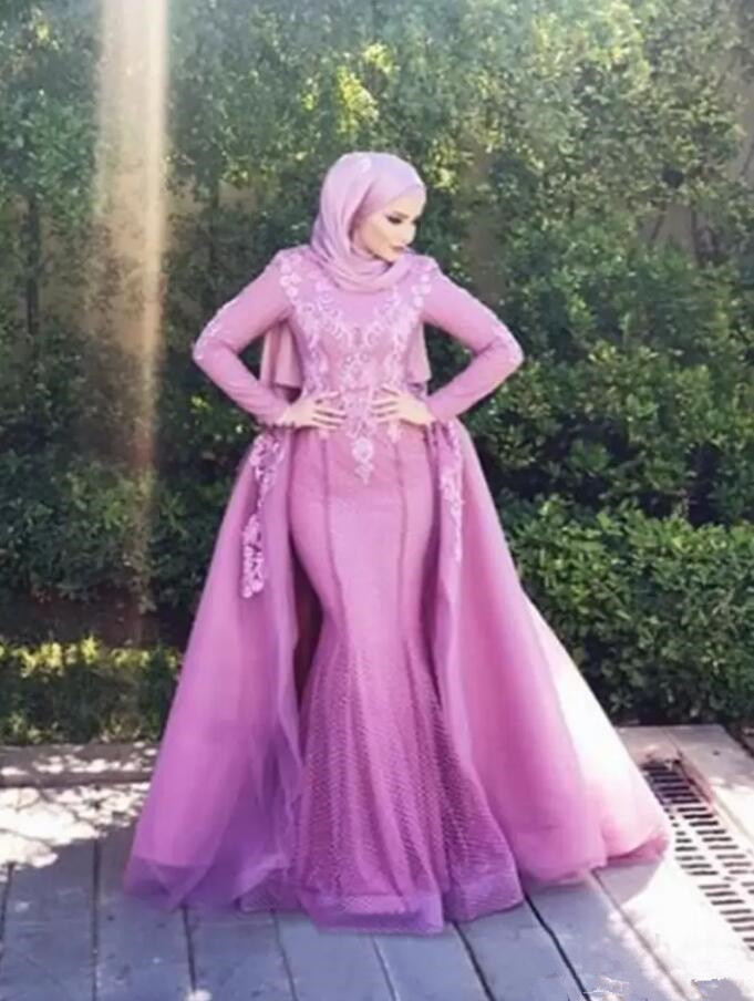 Fuchsia Muslim Mermaid Wedding Dresses with Detachable Train 2023 Lace Applique High Neck Hijab Saudi Arabic Bridal Gowns