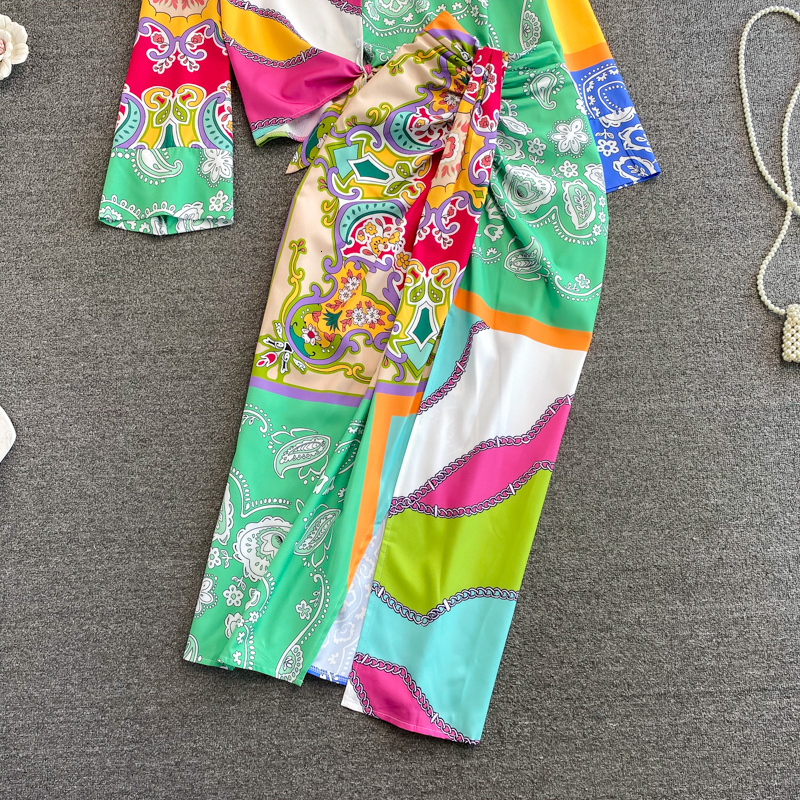 Two Piece Dress Summer Two Piece Casual Womens Long Sleeve Loose Vintage Flower Top Two Piece Mid length Waistpack Hip Skirt Elegant Set 230410