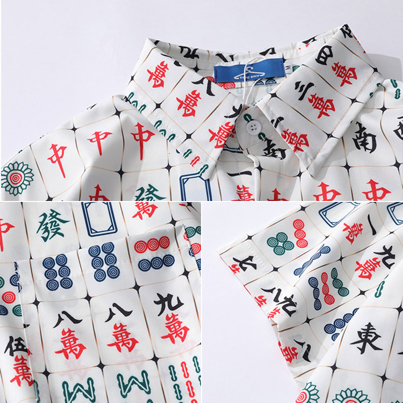 Men's Casual Shirts Oversized Summer Style Fried Street Mahjong Printing Personalized Male Female Student Couple Casual Shirt Chinese 230410