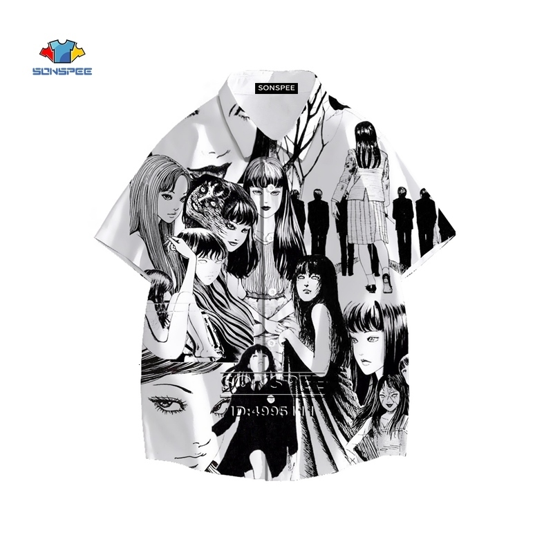 Men's Casual Shirts Junji Ito Men's Shirt Horror Manga Many Faces 3D Print Hawaiian Shirt Summer Casual Beach Shirts Short Sleeve Hip Hop Cl