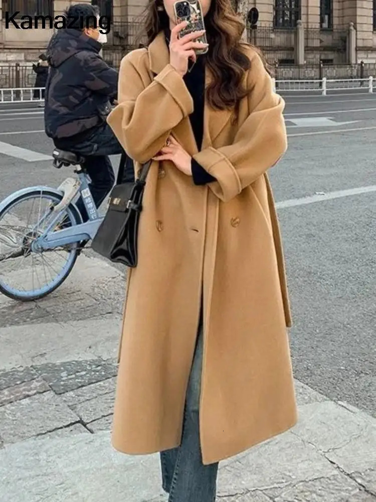Women's Wool Blends Autumn Winter Loose Woolen Coat for Women Casual Solid Outerwear with Belted Korean Fashion Chic Female Overcoat Clothes 2311