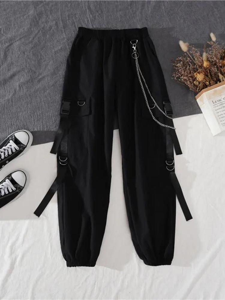 Women's Tracksuits Women Streetwear Two piece Suit Splice Chain Long Sleeve Ribbon Pants Harajuku Cargo 2 Piece Set s Outfits 230411