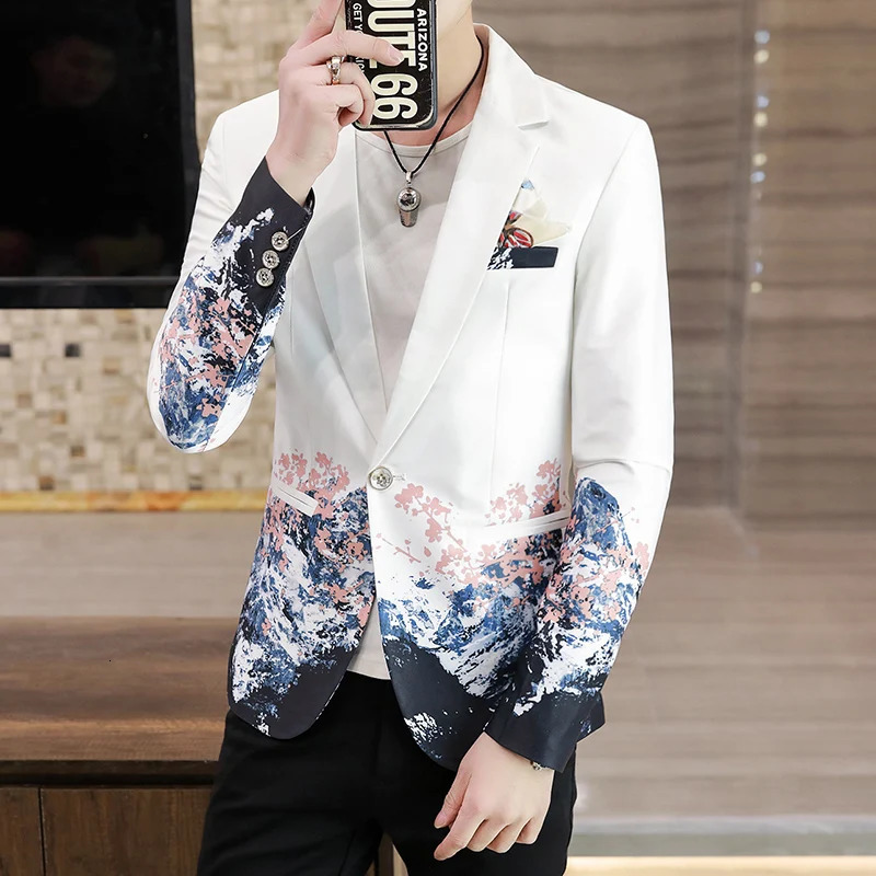 Men's Suits Blazers Men Floral Blazers Fashion Korean Gradient Inspired Prints Fancy Floral Suit Jacket Casual Slim Fit Blazer Coat Men Clothing 