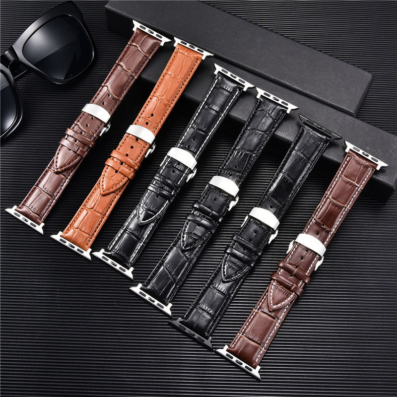 Watch Bands Embossed Leather Men Watch Straps for Apple Watch 8 7 6 SE 5 4 Butterfly Buckle 45mm 44mm 42mm 41mm 40mm 38mm Business Watchband 230411