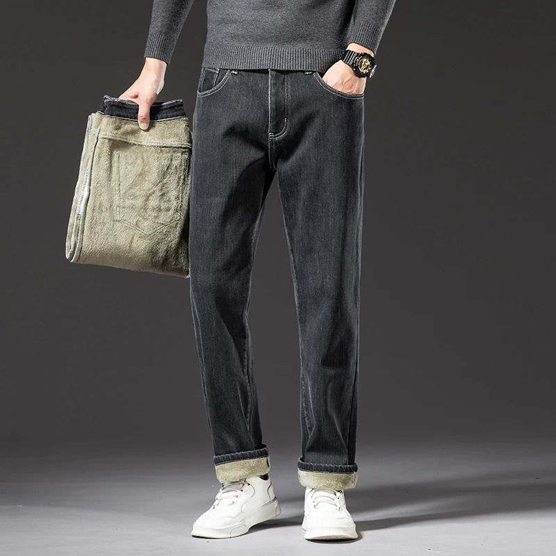 Mens Jeans Winter Warm Fleece Straight Business Casual Stretch Soft Thicken Denim Pants Plus Size 40 42 44 Loose Trousers 231110
