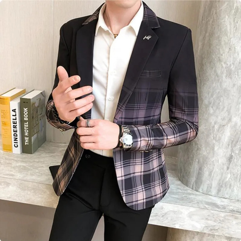 Men's Suits Blazers Spring Men's Plaid Blazer Fashion Business Casual Men's Slim Suit Jacket Large Size Casual Banquet Wedding Party Cl