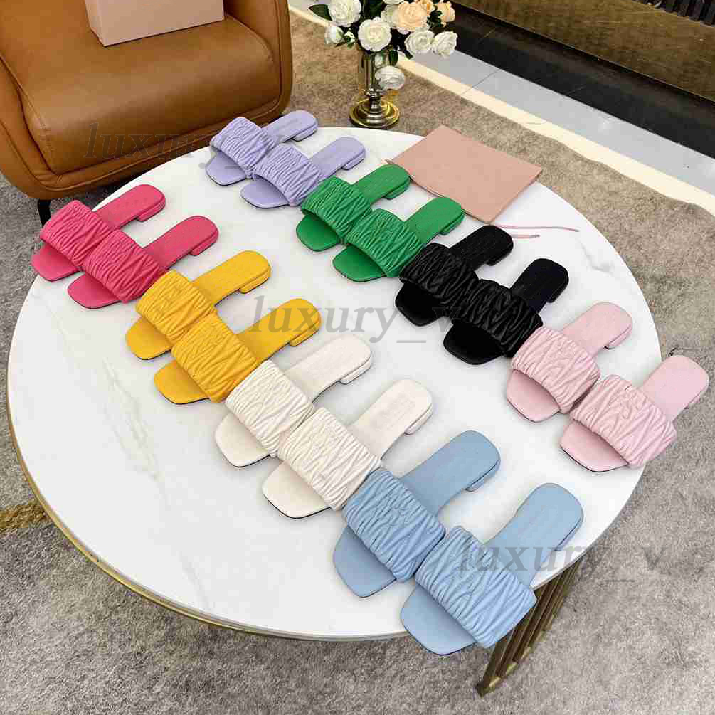 Designer Wrinkle Slippers Candy Color Women Sandals Classic Summer Leisure Flip Flops Fashion Miu Mules Ladies Leather Beach Wrinkle Slipper, Color 12
Designer Wrinkle Slippers Candy Color Women Sandals Classic Summer Leisure Flip Flops Fashion Miu Mules Ladies Leather Beach Wrinkle Slipper, Color 12