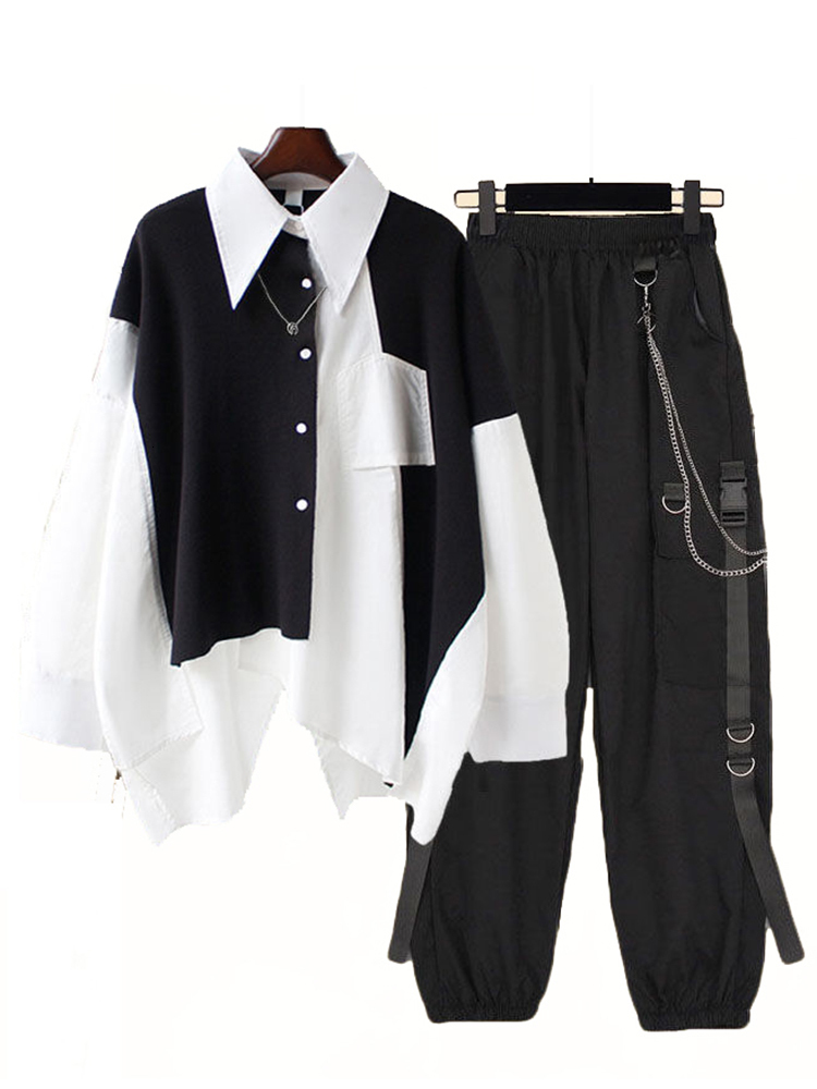 Women's Tracksuits Women Streetwear Two piece Suit Splice Chain Long Sleeve Ribbon Pants Harajuku Cargo 2 Piece Set s Outfits 230411